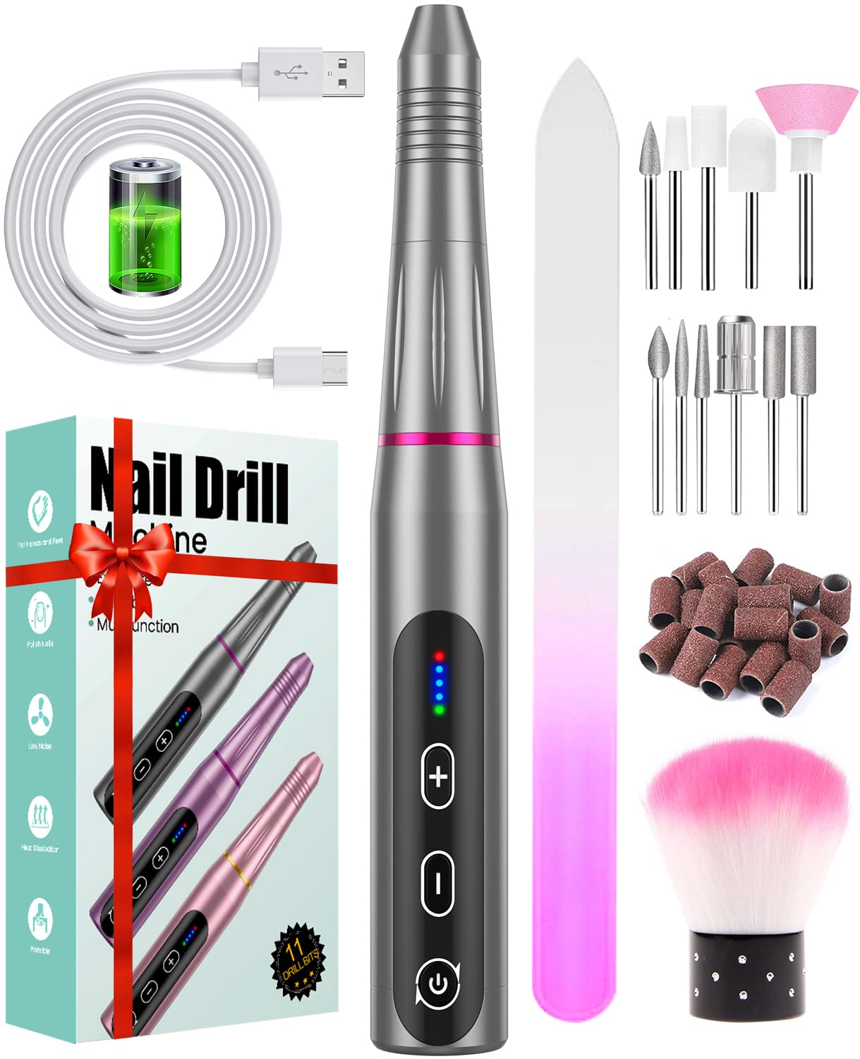 Electric Nail Drill Cordless Rechargeable & 5 Adjustable Speeds Nail Drill Machine Professional Nail Drill for Gel/Acrylic Nails with 20000 RPM Portable Manicure Pedicure Kit Gifts for Women Mum